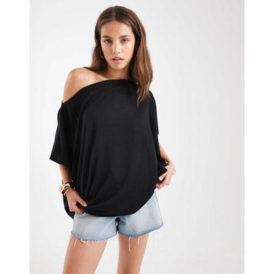 ASOS DESIGN 女士 T恤 设计织纹半透视针织露肩披肩式上衣(黑色)