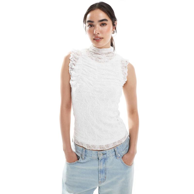 Vero Moda 女士 马甲 透视褶皱蕾丝无袖上衣(白色)