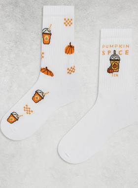 ASOS DESIGN 男士 袜子 设计土黄色图形袜子(2件套)(白色)