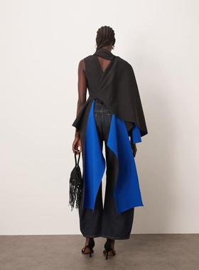 ARRANGE 女士 上衣 premium 拼接绉纱垂褶撞色上衣(黑色)