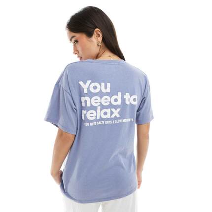 Pullbear 女士 T恤 relax 印花水洗蓝色T恤