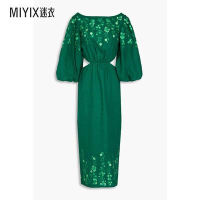 Saloni 女士剪口刺绣亚麻中长连衣裙 迷衣时尚