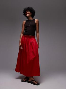 Topshop 女士 半身裙 laundered 褶皱棉质红色宽下摆女裙