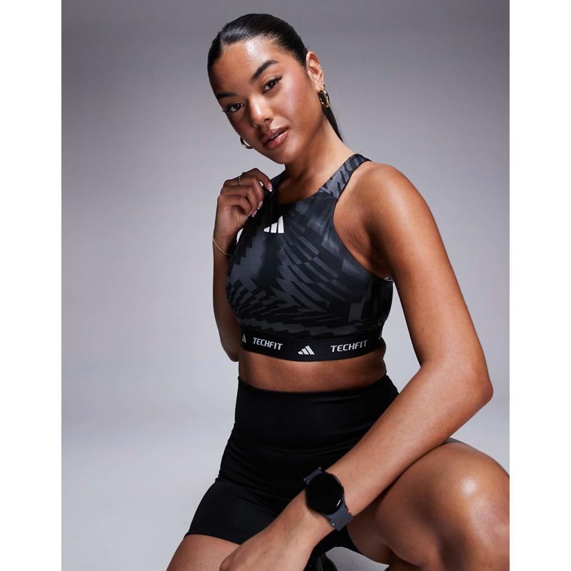 Adidas 女士 文胸 support 比赛中长运动印花文胸(黑色)