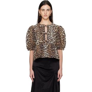 Poplin 上衣 上装 Tie Peplum Cotton Leopard 黄褐色 女士 Ganni
