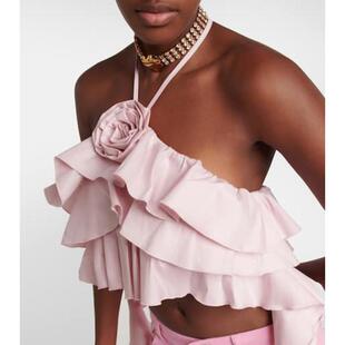 荷叶边挂脖短款 Blumarine 背心 女士 上衣 蓝色情人