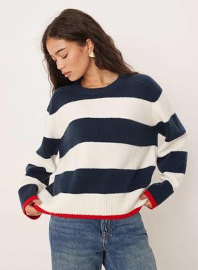 Abercrombie  Fitch 女士 毛衣 水手领条纹套头衫(海军蓝)