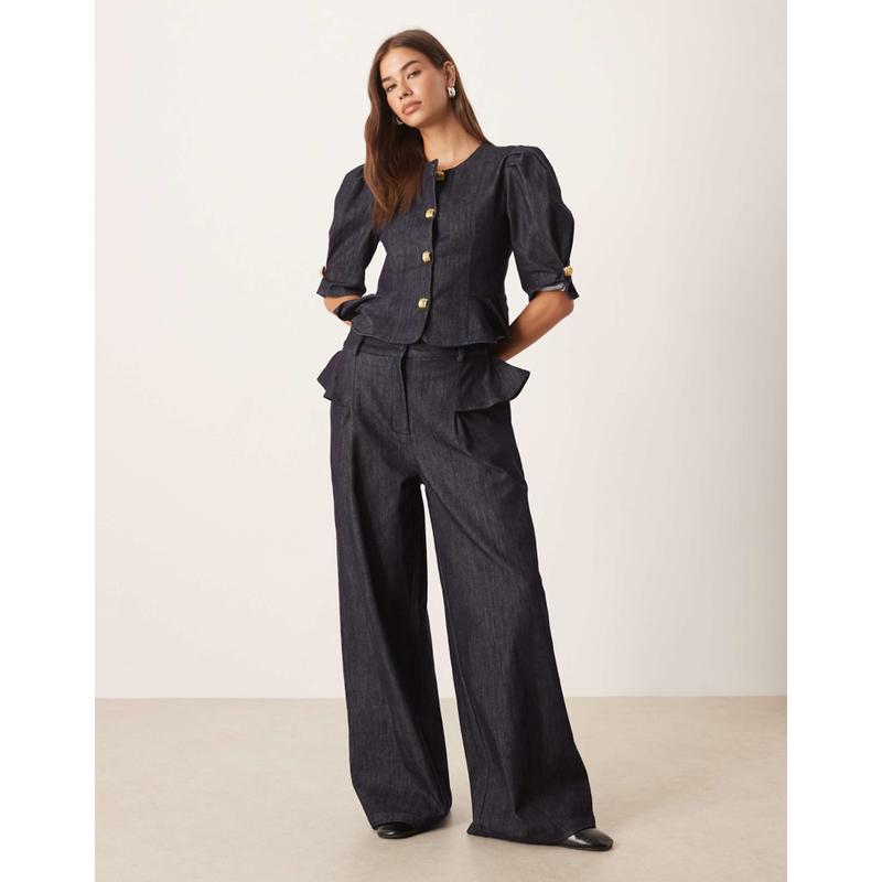 Sister Jane 女士 牛仔长裤 co-ord 皱褶阔腿深蓝色牛仔裤