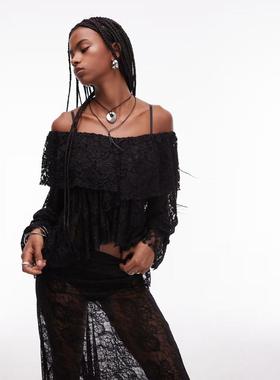 ASOS DESIGN 女士 上衣 volume 设计蕾丝褶边衫(黑色)