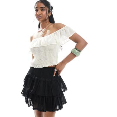 ASOS DESIGN 女士 迷你裙 rara 设计蕾丝边迷你半身裙(黑色)