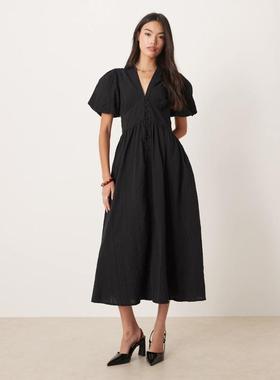 Nobody's Child 女士 中长连衣裙 星光绉条纹中长连衣裙(黑色)