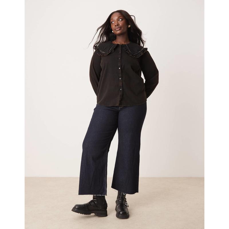 ASOS DESIGN 女士 衬衫 curve 设计褶边领水洗斜纹布衬衫