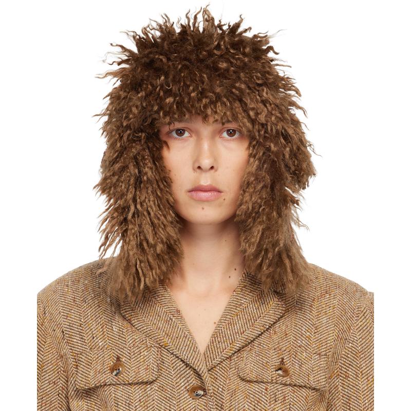 Anna Sui 女士 毛线帽 黄褐色 Faux Fur Trim 飞行员帽