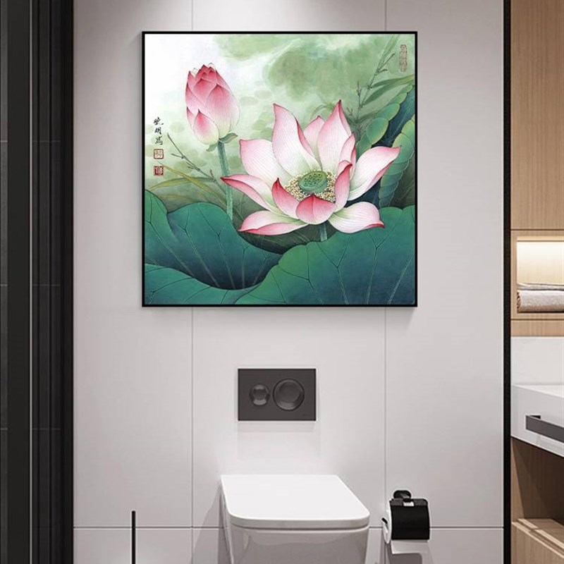 荷花装饰画正方形中式卧室挂画客厅玄关莲花鲤鱼图厕所卫生间壁画图片