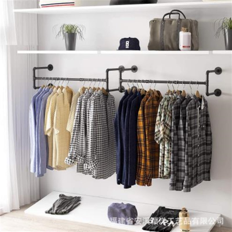 服装店上墙展示架简约陈列挂衣杆金属壁挂式衣架铁艺水管展示架