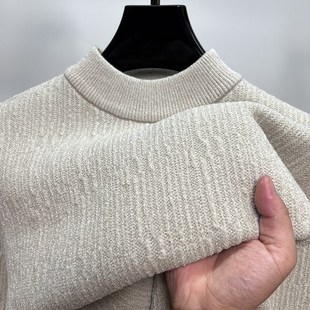 一体绒白色半高领毛衣男秋冬季加绒加厚打底衫男修身保暖针织线衣