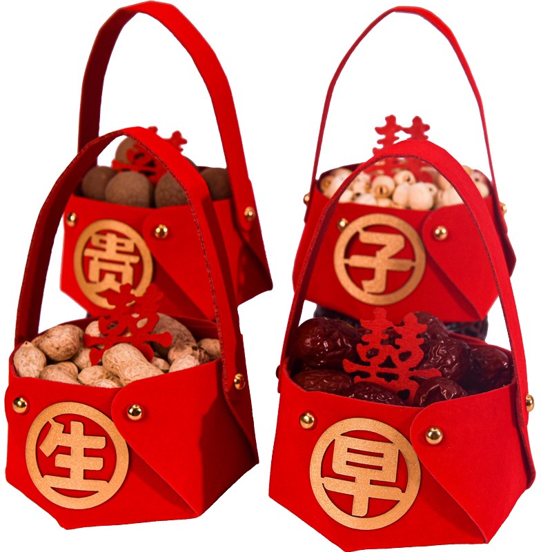 早生贵子手提篮子结婚创意压床摆件婚房干果模版红枣花生桂圆莲子