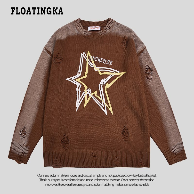 FLOATINGKA浮佧尼2022秋冬新款宽松破洞圆领毛衣针织衫男女美式潮