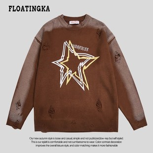 FLOATINGKA浮佧尼2022秋冬新款宽松破洞圆领毛衣针织衫男女美式潮
