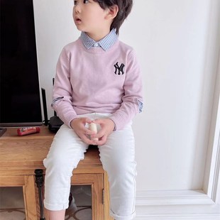 童装2023秋冬假两件儿童针织衫粉色男童毛衣拼条纹男孩套头上衣潮