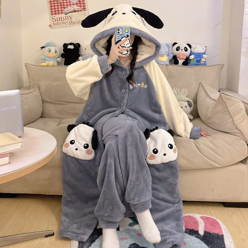 睡衣女秋冬季珊瑚绒加厚绒法兰绒长款睡袍可爱企鹅连帽家居服套装