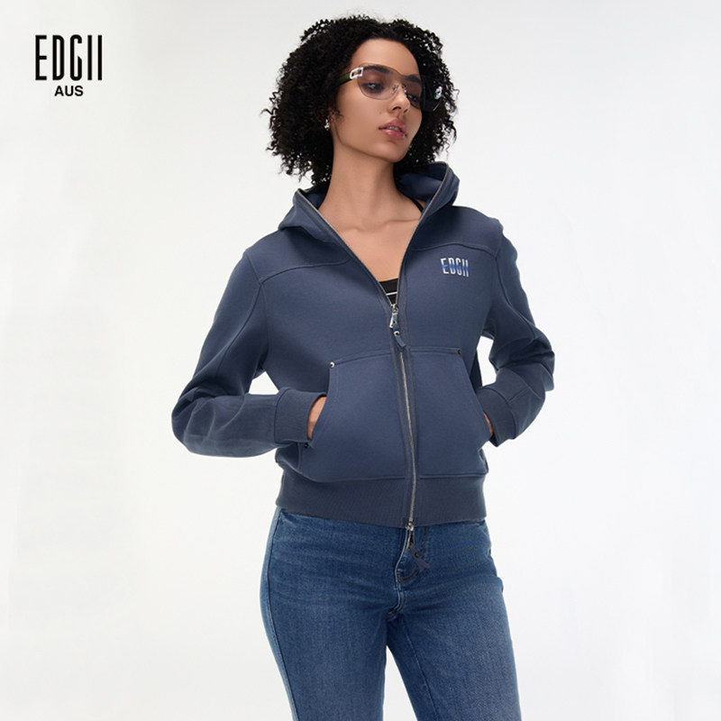 EDGII 秋冬双开拉链显瘦连帽卫衣时尚高级感正肩运动休闲上衣外套