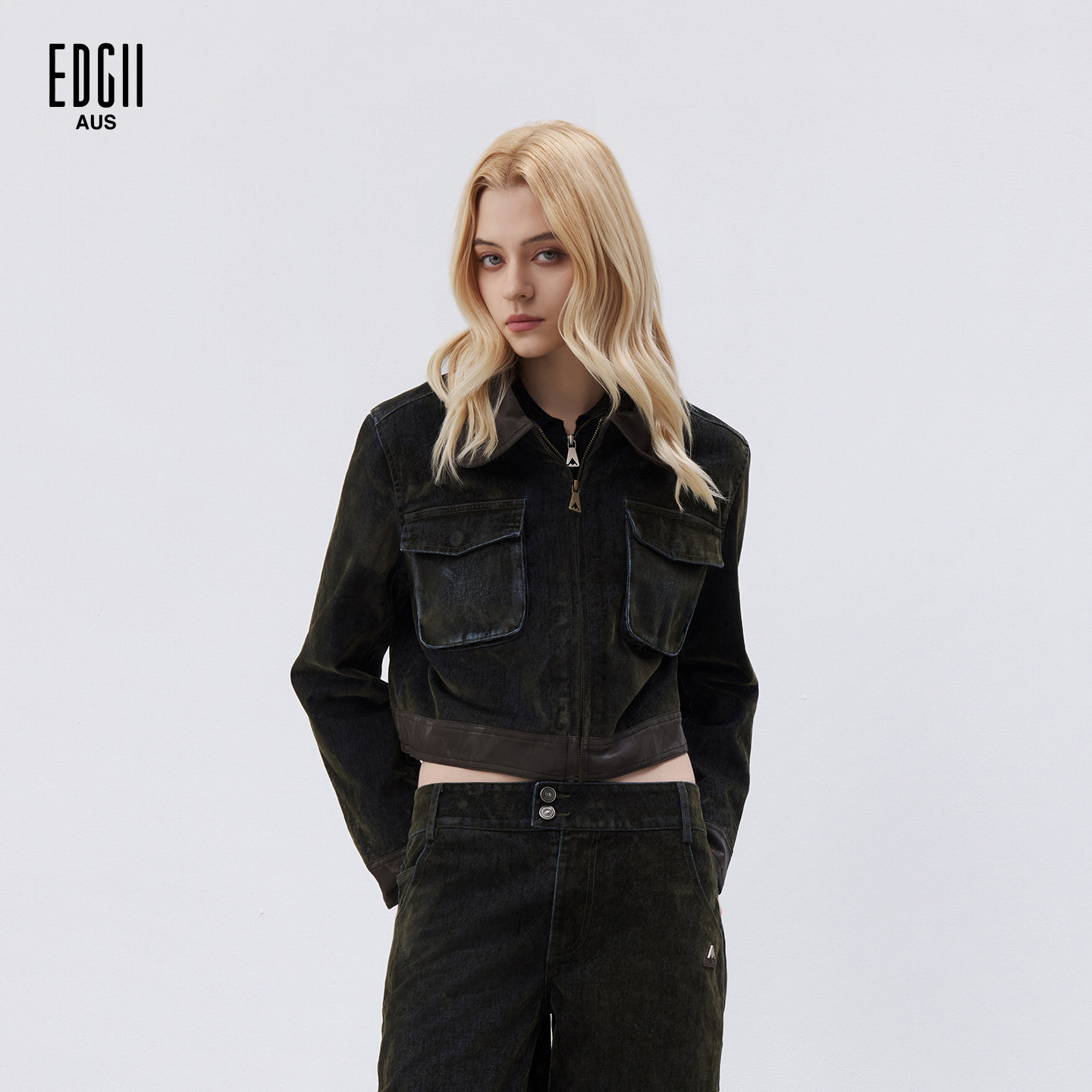 EDGII 2026SS新品女士翻领植绒牛仔拼接欧美风休闲短外套长袖上衣