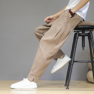 棉麻锥形萝卜裤 中国风透气亚麻休闲长裤 青年秋季 宽松复古大码 男士