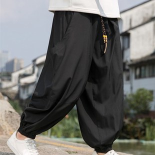 胖子阔腿束脚灯笼裤 国潮机能工装 加肥加大码 子宽松垂感冰丝裤 男裤