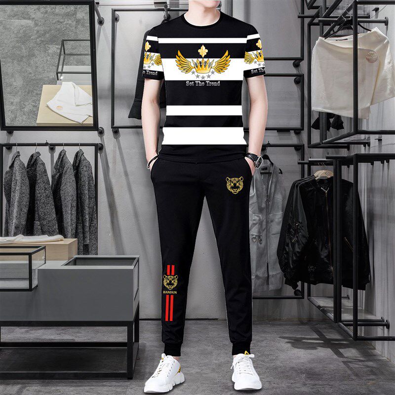 夏季冰丝休闲运动套装男薄款速干短袖t恤长裤潮流时尚帅气两件套