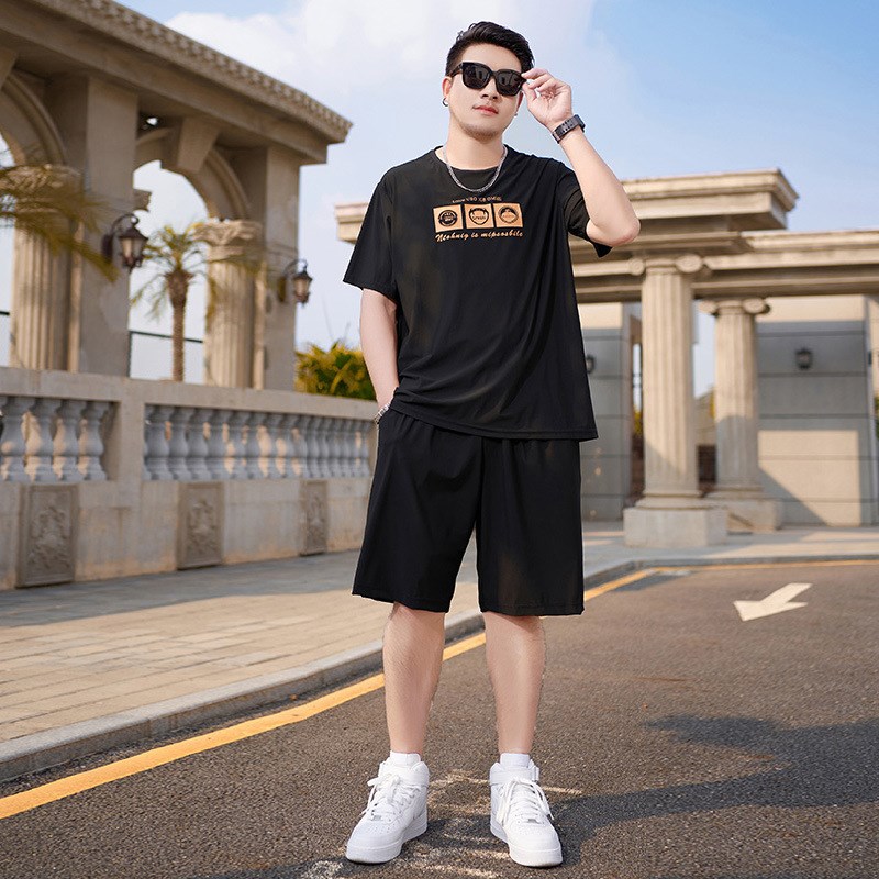 2024年新款大码冰丝套装男夏季宽松胖子轻薄透气短袖男士运动装潮