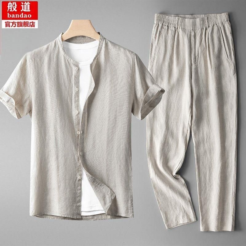 100%亚麻衬衫男短袖夏季薄款宽松大码棉麻上衣高级感中国风男套装