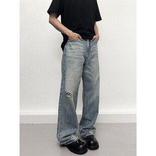 复古蓝色裤脚破洞牛仔裤男女款夏季美式高街直筒裤阔腿宽松长裤子