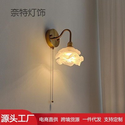 床头灯壁挂式卧室壁灯日式铜卧室禅意G客厅背景墙自带拉线开关壁