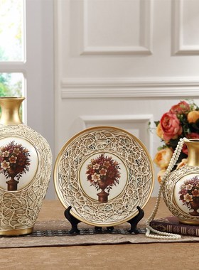 奢华家居装饰品欧式摆件 陶瓷三件套客厅工艺品摆设 时尚创意礼品