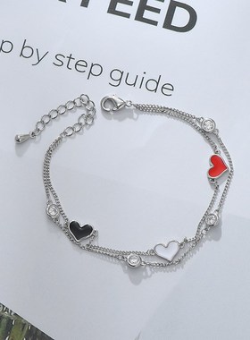 真金电镀微镶锆石气质手饰品女小众设计感双层爱心手链源头工厂