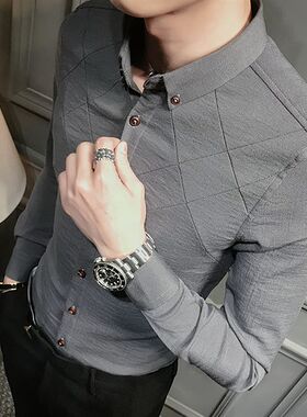 新款免烫男士长袖衬衫短袖半袖中袖修身潮流发型师商务加绒衬衣
