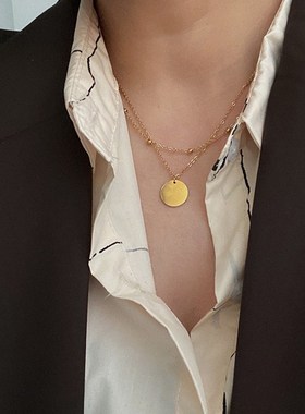 双层圆片项链女锁骨链叠戴个性颈链冷淡风气质2023年新款配饰女