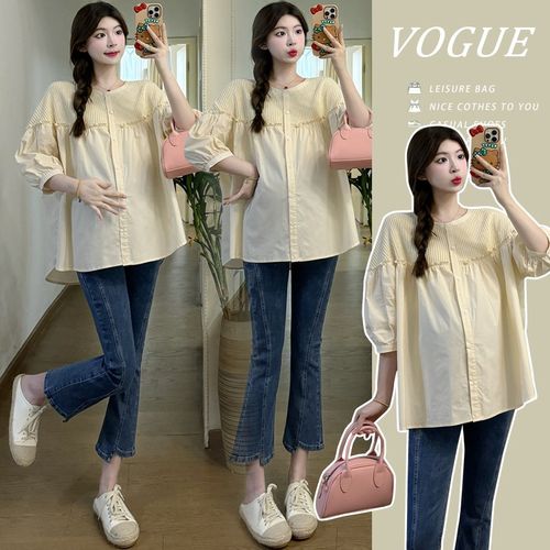 孕妇装春夏季七分袖A字裙宽松显瘦针织拼接减龄娃娃衫上衣连衣裙