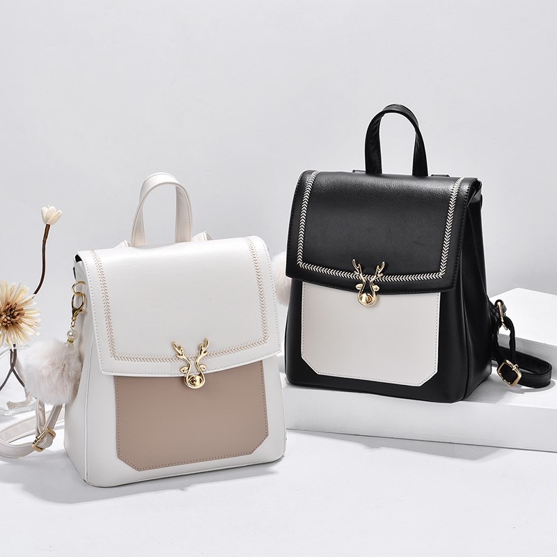 2021新款小清新双肩包女韩版潮拼色休闲逛街小背包PU学生百搭书包