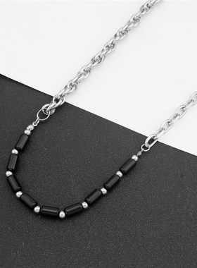 新中式国潮风串珠男女士项链男款黑白天然石锁骨链小众高级感配饰