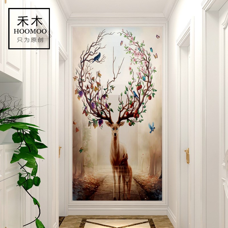 玄关瓷砖背景墙现代简约t装饰壁画卫生间瓷砖画过道走廊3d梦幻鹿图片