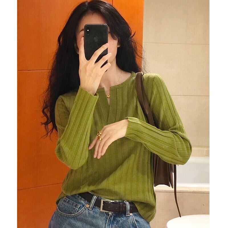 秋冬法式复古V领针织长袖产后喂奶T恤时尚辣妈外出哺乳衣打底衫