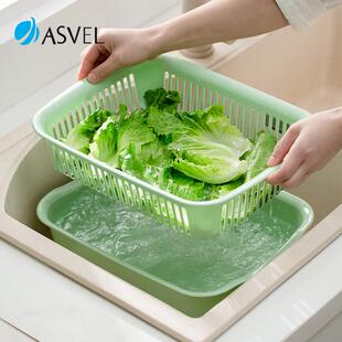 日本asvel洗菜盆客厅家用水果盘滤水收纳筐厨房置物架双层沥水篮