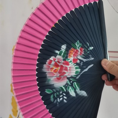 折扇好品质21厘米6.3寸双面牡丹花蓝骨玫红色女式和风日式竹扇子