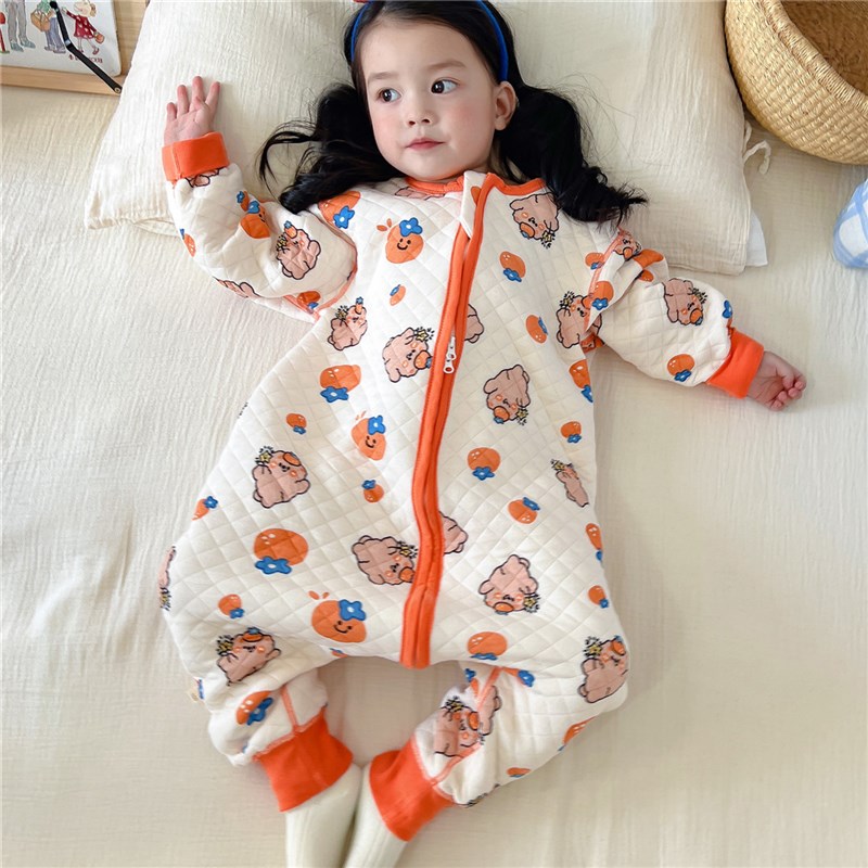宝宝三层夹棉分腿睡袋秋s冬加厚保暖连身睡衣纯棉儿童爬服薄棉睡