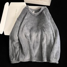 秋冬季法兰绒家i居服套头圆领珊瑚绒睡衣男女款情侣单件上衣可外