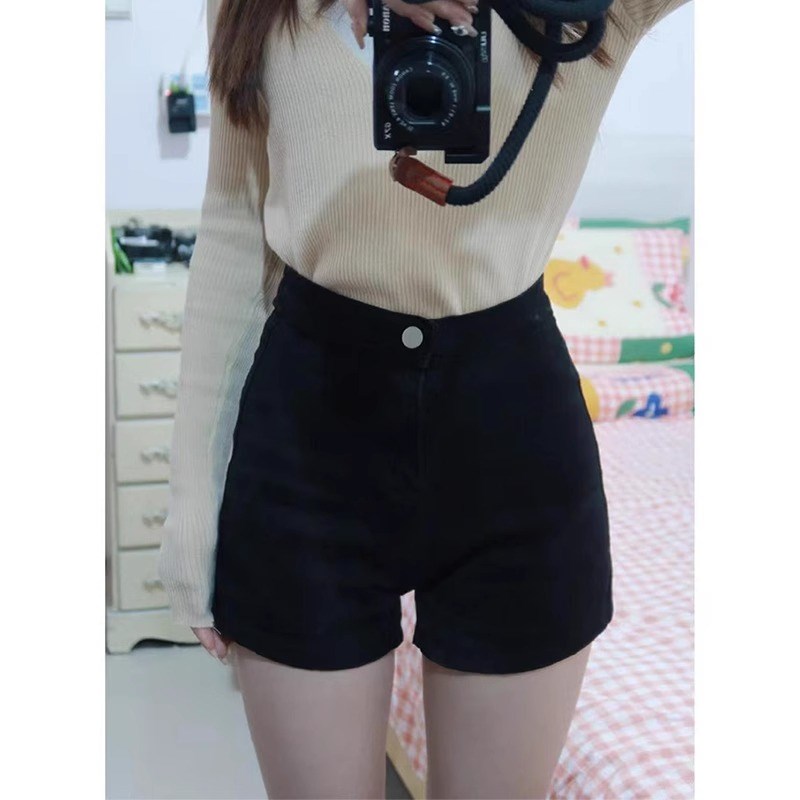 黑色辣妹短裤女夏外穿搭微胖女生B高腰显瘦紧身包臀弹力牛仔热裤