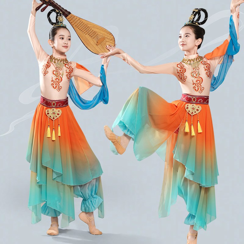 敦煌飞天汉服女童丝路升莲琵琶舞蹈服儿童异域风引V幻妙音演出服