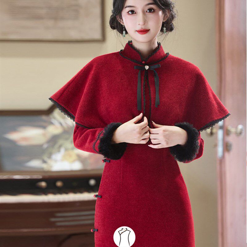新中式改良红色i旗袍斗篷披肩新娘敬酒服礼服漂亮订婚礼服10/20